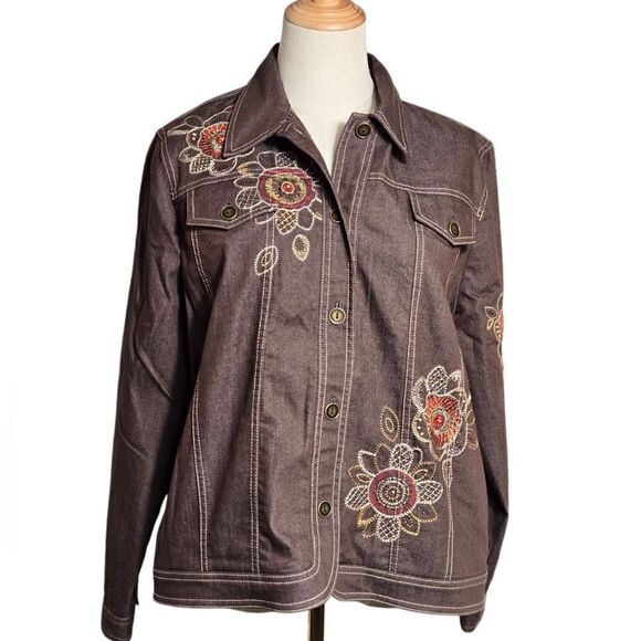Alfred Dunner Brown Floral Embroidered Denim Jacket - Picture 1 of 7